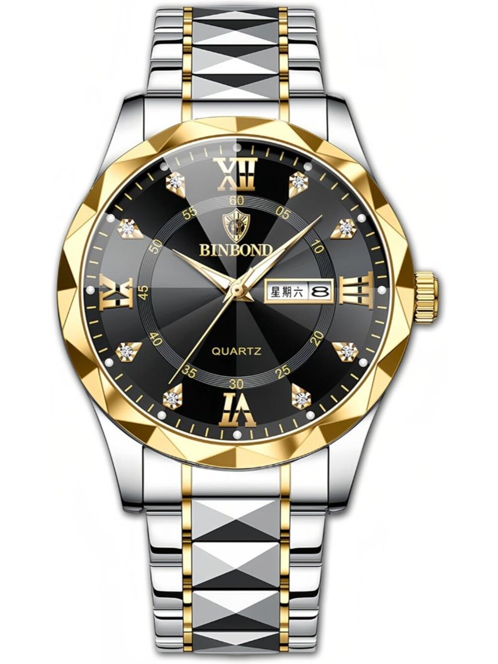 Men's Silver And Black Analog Stainless Steel Roman Numeral Diamond Luxury Watch